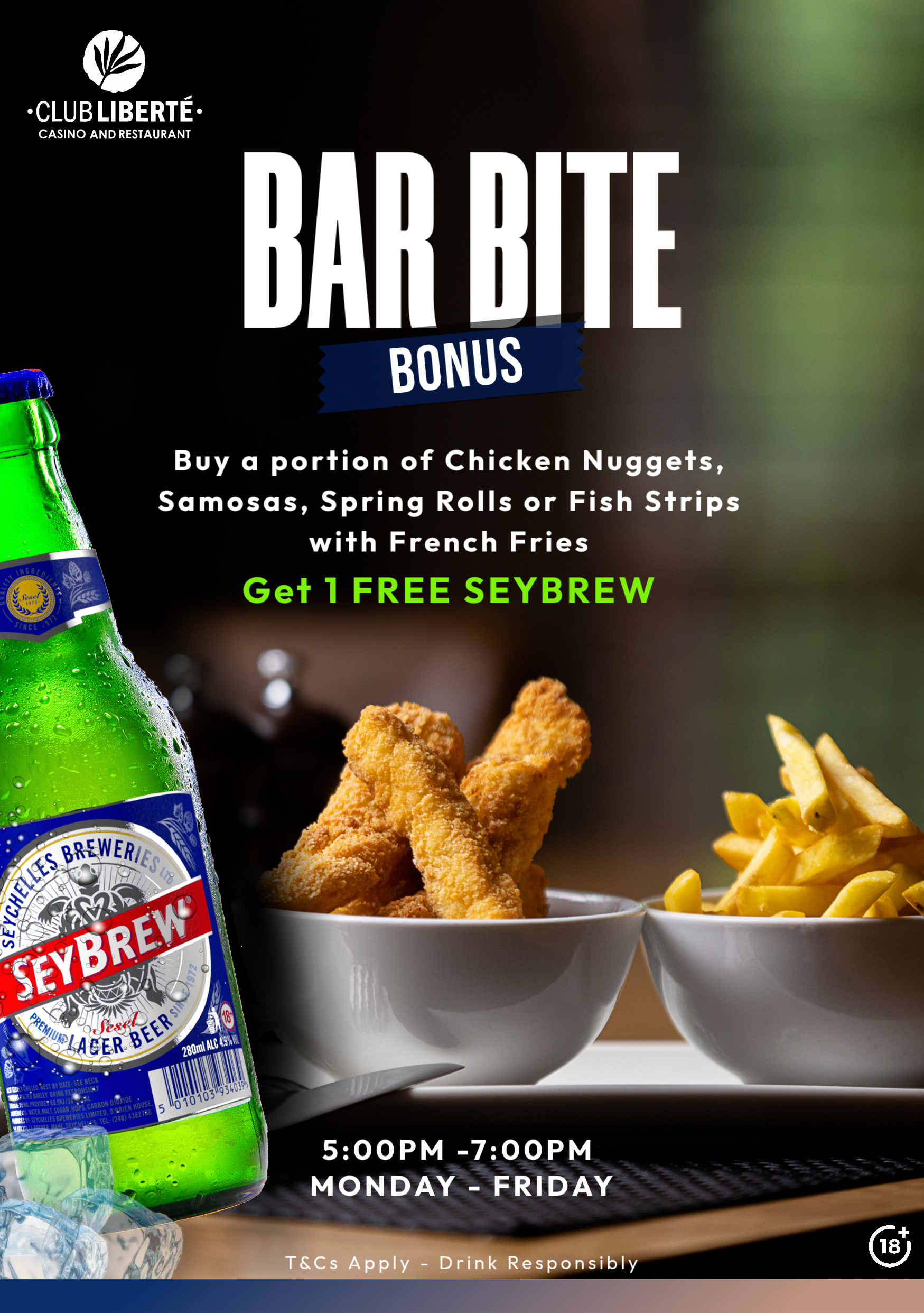 Bar Bite Bonus at Club Liberté Seychelles – enjoy delicious bar bites, cocktails and relaxed evening vibes at a premier entertainment venue.